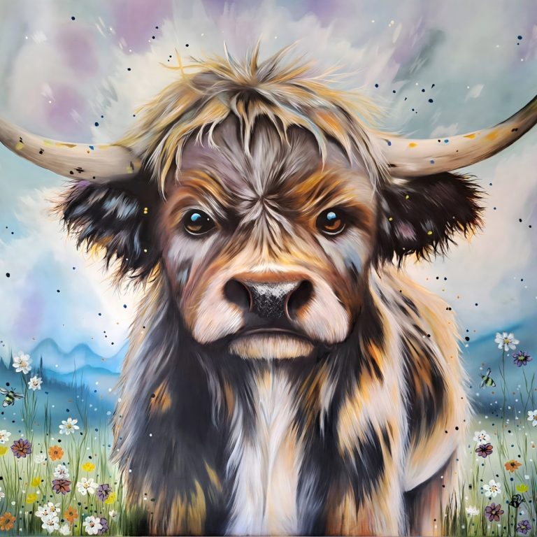 Frolicks and Flowers with Little Rocky original oil on canvas A colourful painting of a Highland cow against a scenic background.