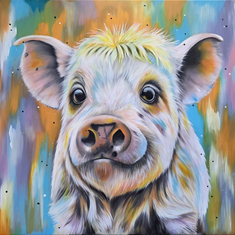 Patches the Playfull Pig original oil on canvas A cheerful patchwork pig portrait with a friendly expression, displayed above a sofa.