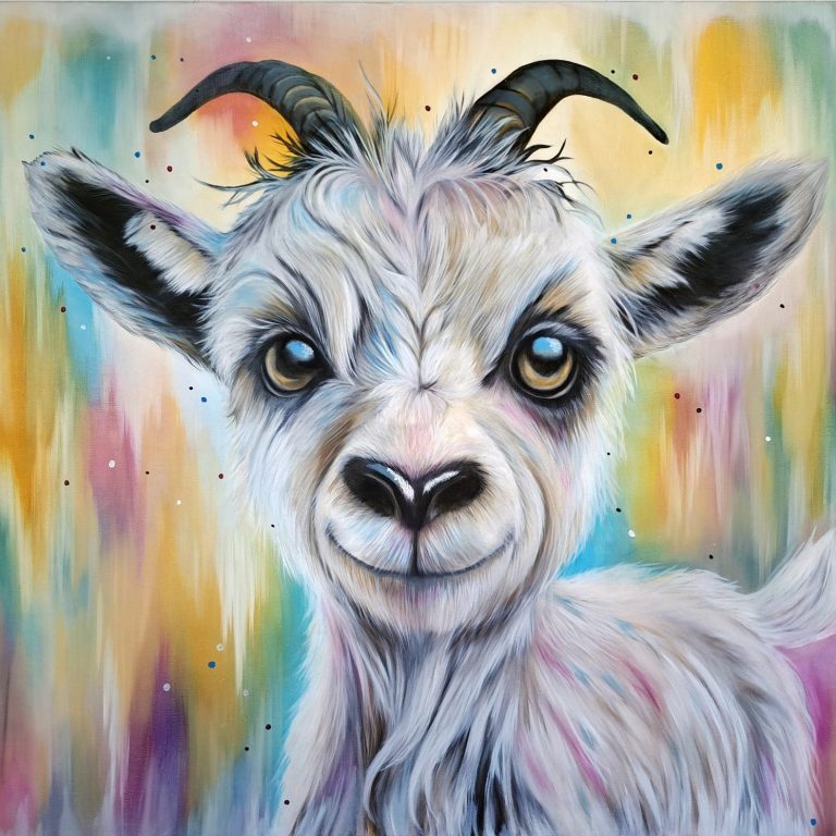 Willow's Rainbow Tales original oil on canvas A smiling lamb portrait against a colourful, blurred background.