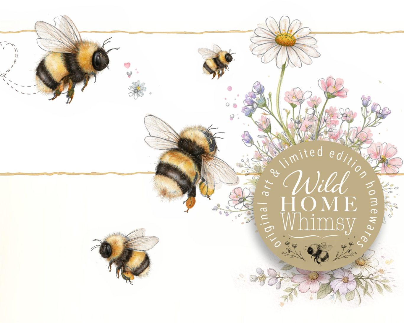 Wild Home Whimsy supports Bee conservation Bees flying around flowers with a decorative circular text saying "Wild Home Whimsy."