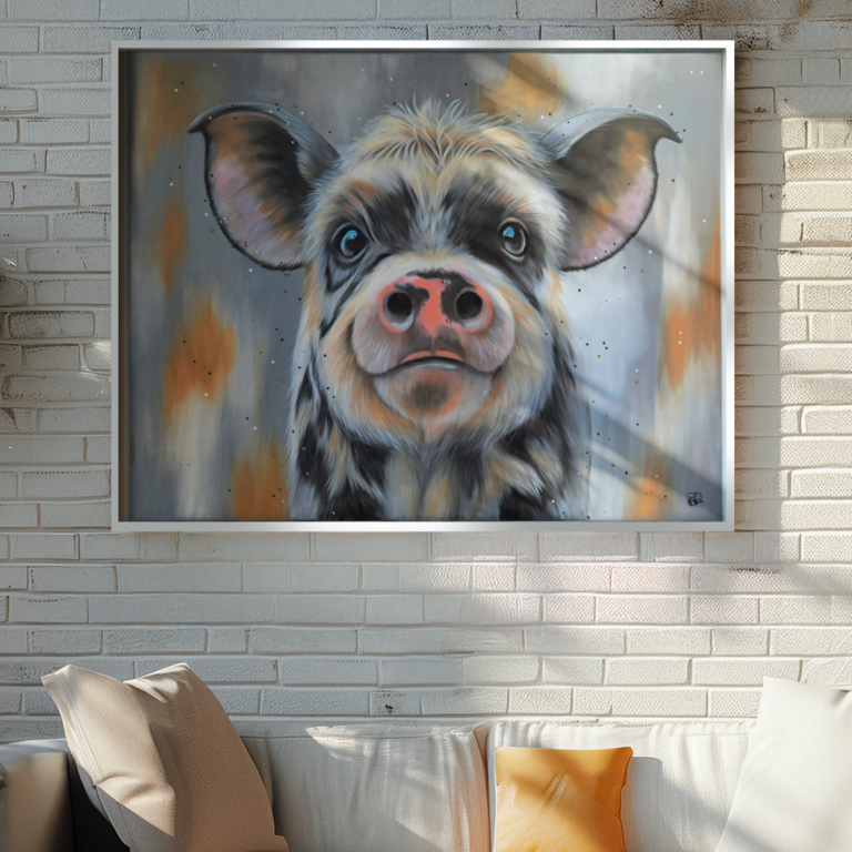 Willow's Rainbow Tales original oil on canvas A smiling lamb portrait against a colourful, blurred background.